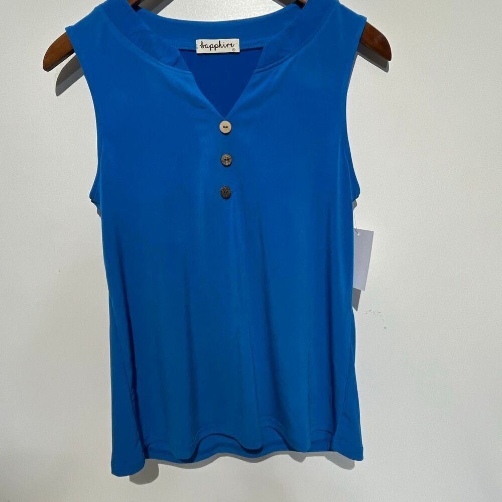 Sapphire Women's Blue V-Neck Buttoned Stretchy Sleeveless Blouse Small NWT